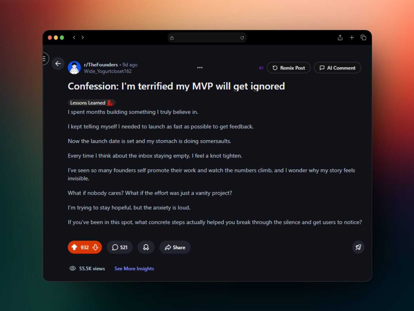 GYFC AI comment generator showing a context-aware Reddit reply drafted in the extension panel