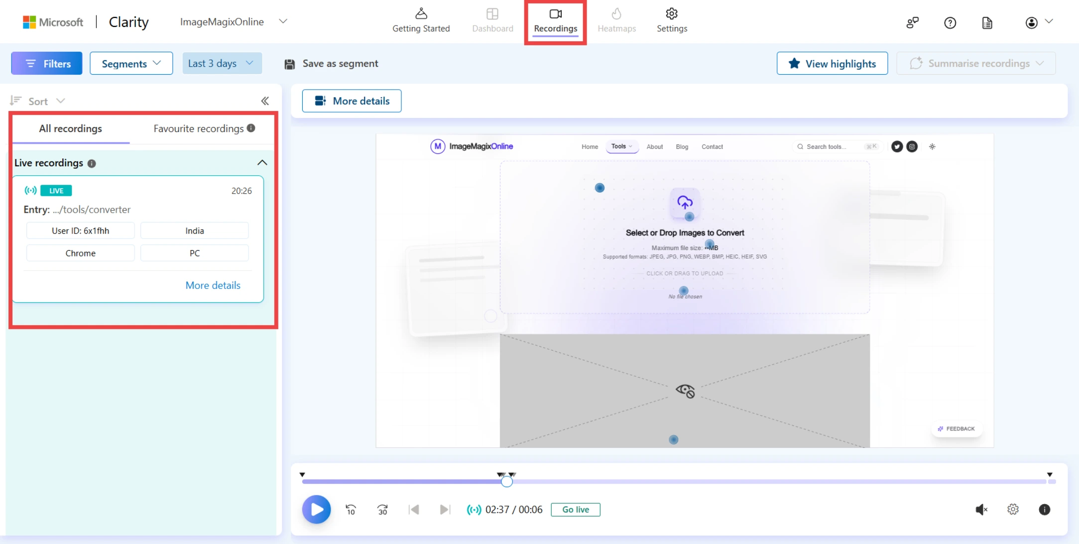 Clarity Dashboard and Recordings