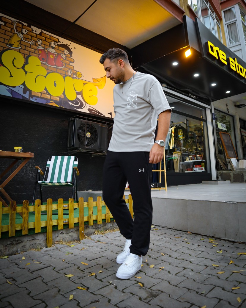 OFF-WHT TAZMANYA BASKI T-SHIRT GRİ
