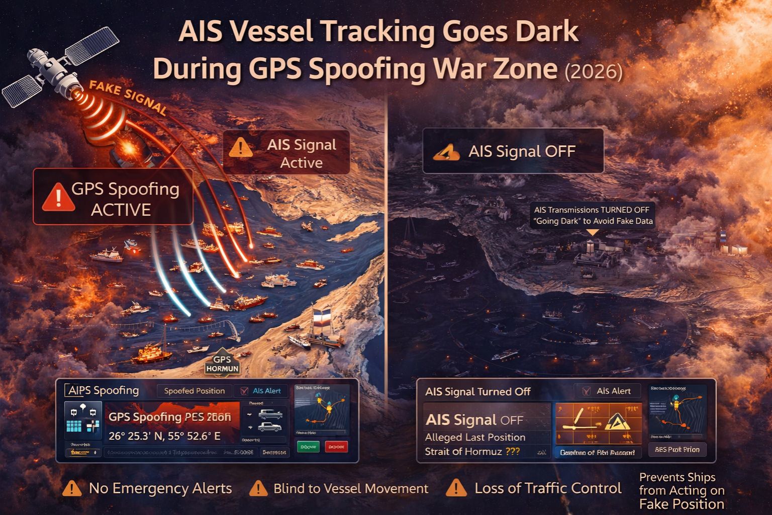 AIS vessel tracking going dark during GPS spoofing war zone 2026
