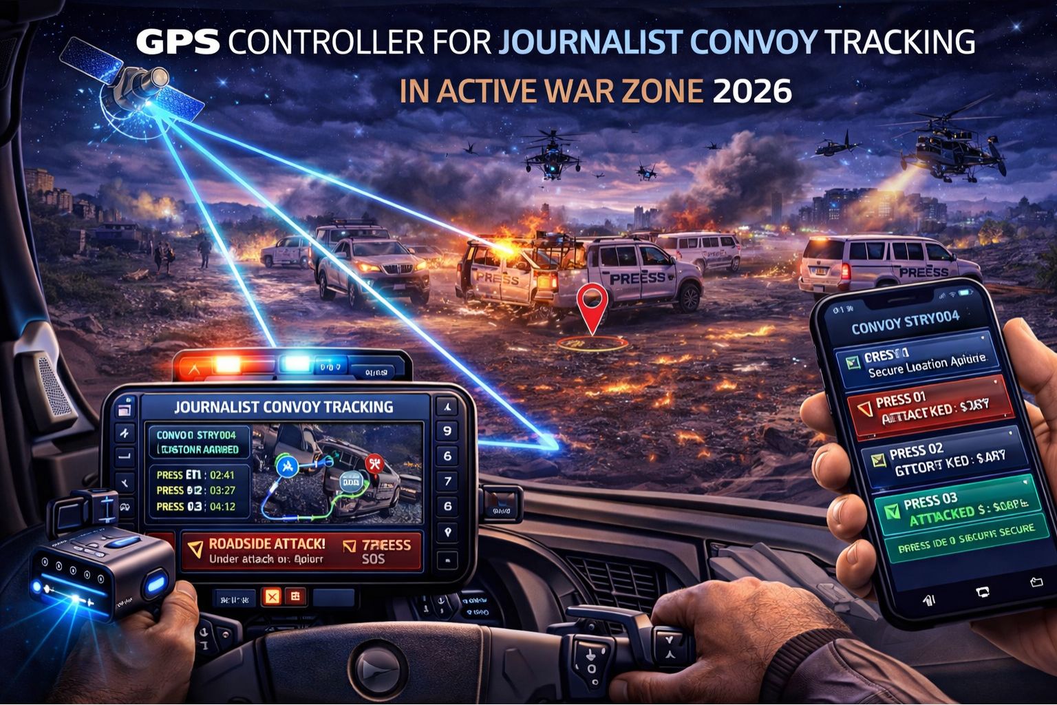 GPS Controller for journalist convoy tracking in active war zone 2026