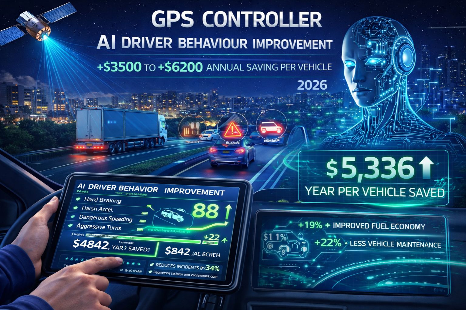 GPS Controller AI driver behaviour improvement 3500 to 6200 annual saving per vehicle 2026