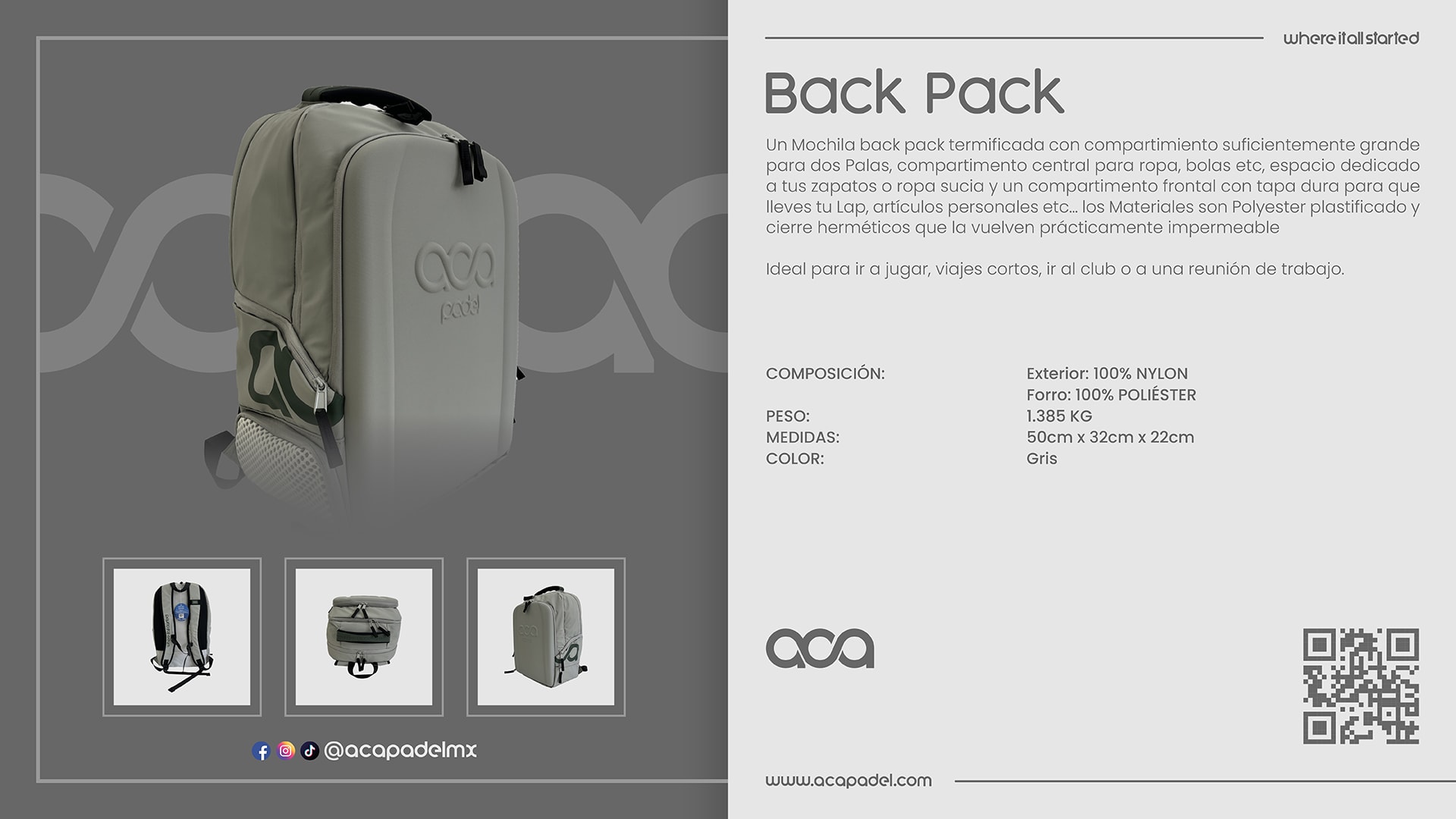 Descripción de BACK PACK GRIS