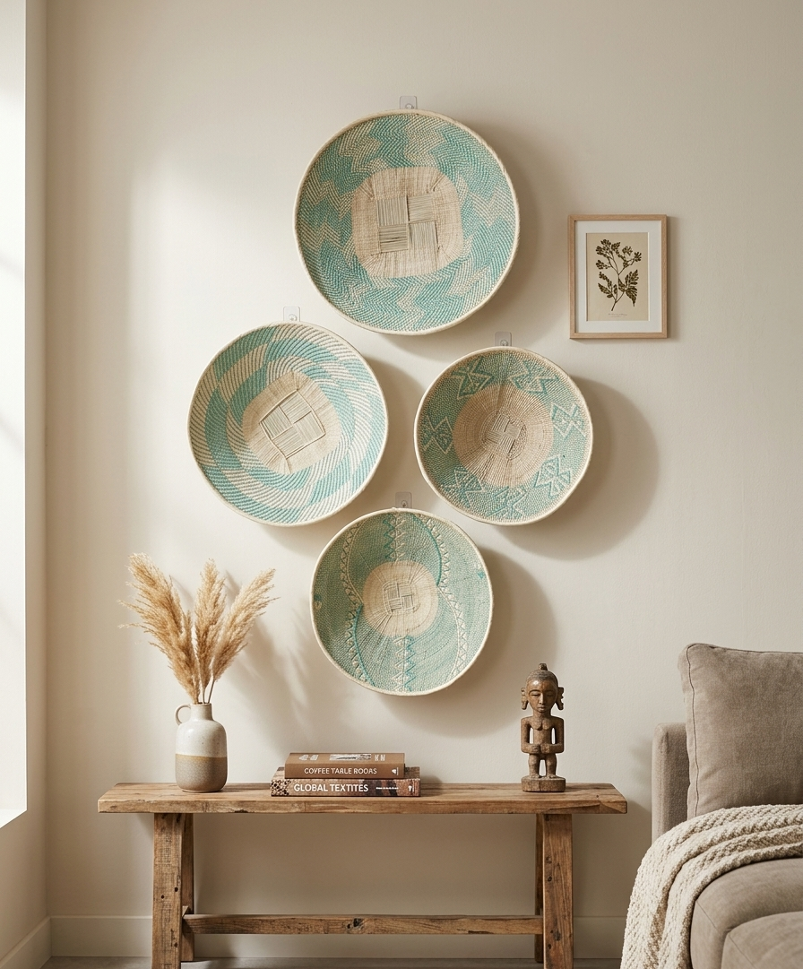 Mauno’s Decor Handwoven African Wall Basket Set – 4-Piece Teal & Cream Tonga Style Plate Decor – Sustainable Sisal Boho Wall Art Gallery