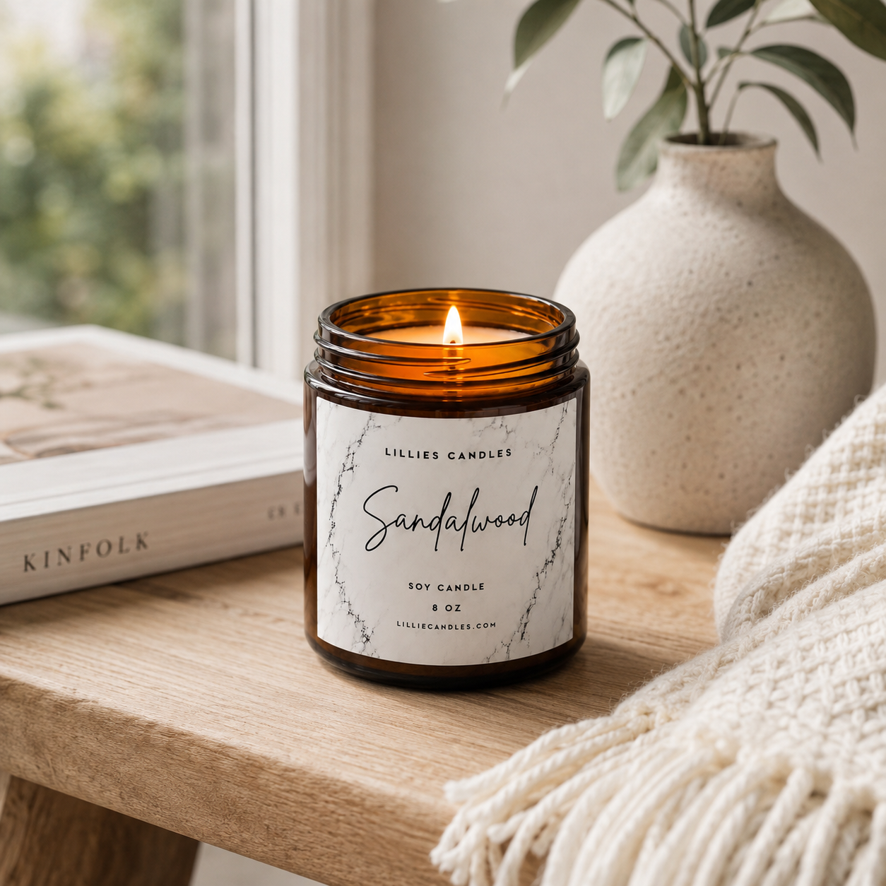 Premium Sandalwood Soy Candle – Handpoured 8 oz Amber Glass Jar Scented Candle with Marble Texture Label for Aromatherapy & Home Decor