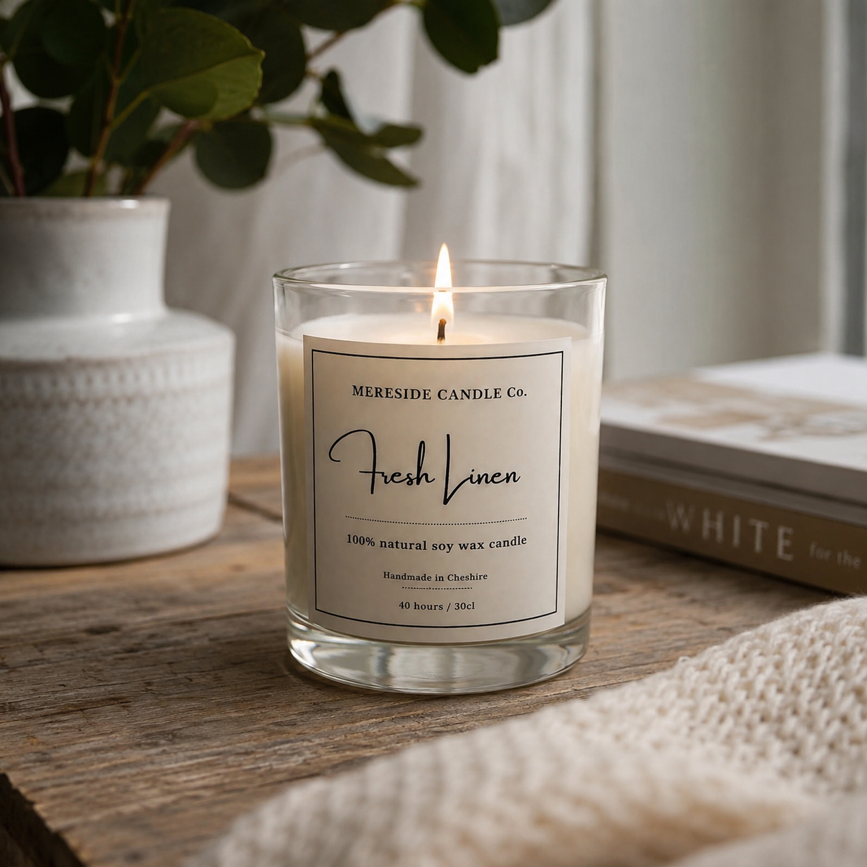 Fresh Linen Scented Soy Candle – Mereside Candle Co. 30cl Clear Glass Jar Natural Wax Candle (Handmade in Cheshire)