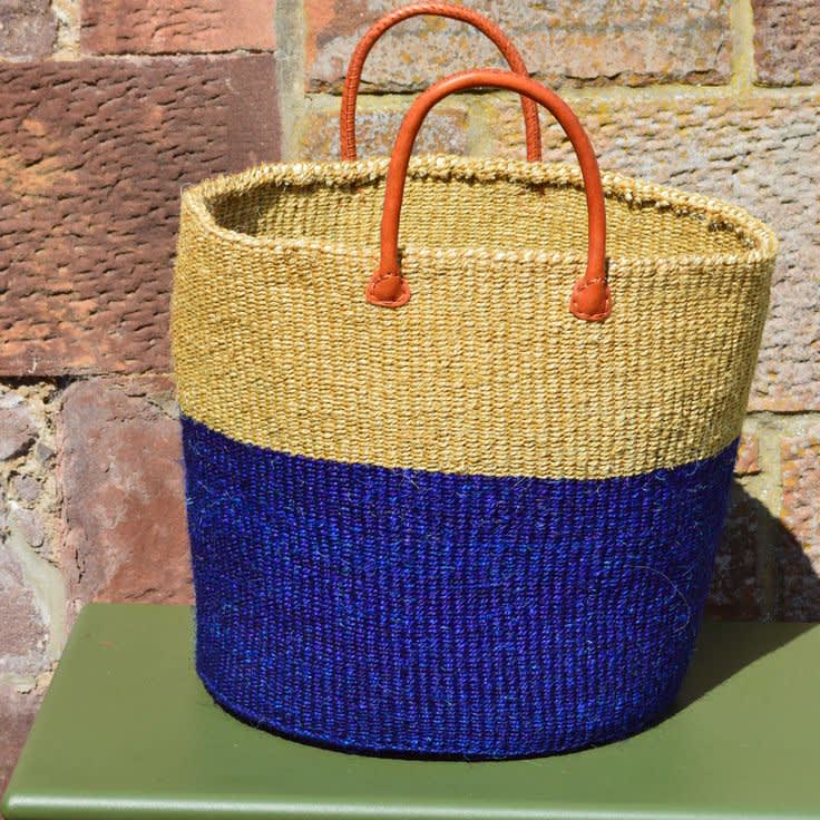 Large Handwoven Sisal Kiondo Tote – Mauno’s Decor Royal Blue & Beige Color Block Basket with Leather Handles