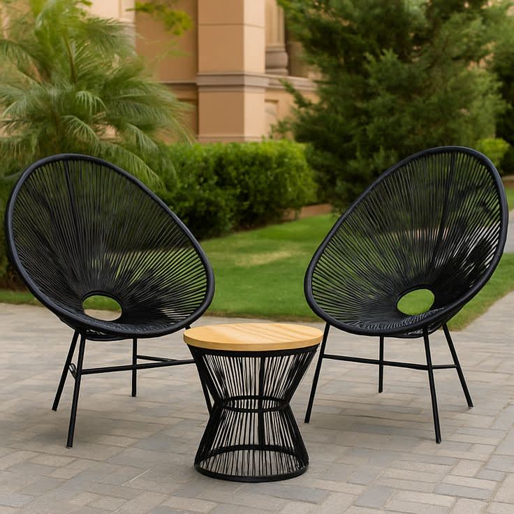 Modern Acapulco Bistro Set – Mauno’s Decor Set of 2 Black Woven Outdoor Lounge Chairs with Matching Glass-Top Side Table