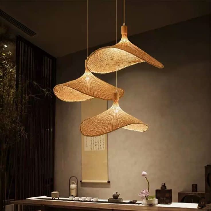Handwoven Bamboo Wave Pendant Light – Mauno’s Decor Artisanal Hanging Chandelier & Natural Fiber LED Lampshade