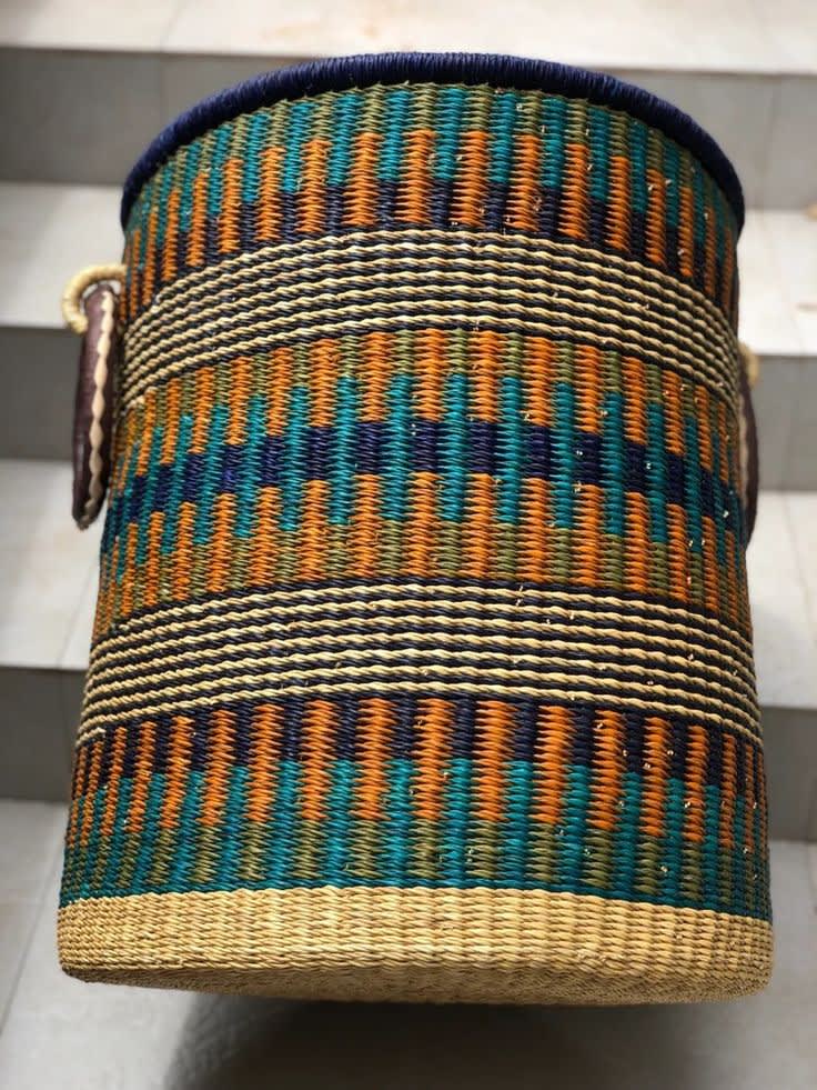 Tall Handwoven Sisal Floor Basket – Burnt Orange & Charcoal Geometric Decorative Laundry & Storage Bin