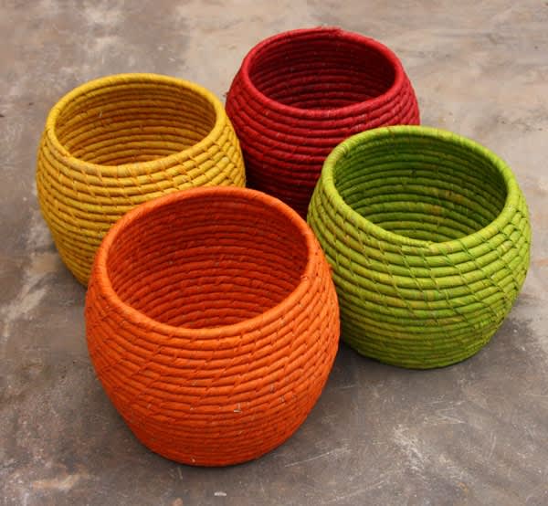 Handwoven Sisal Storage Baskets – Set of 4 Vibrant Geometric Coil Baskets for Plants, Desk Organization, and Bohemian Home Decor