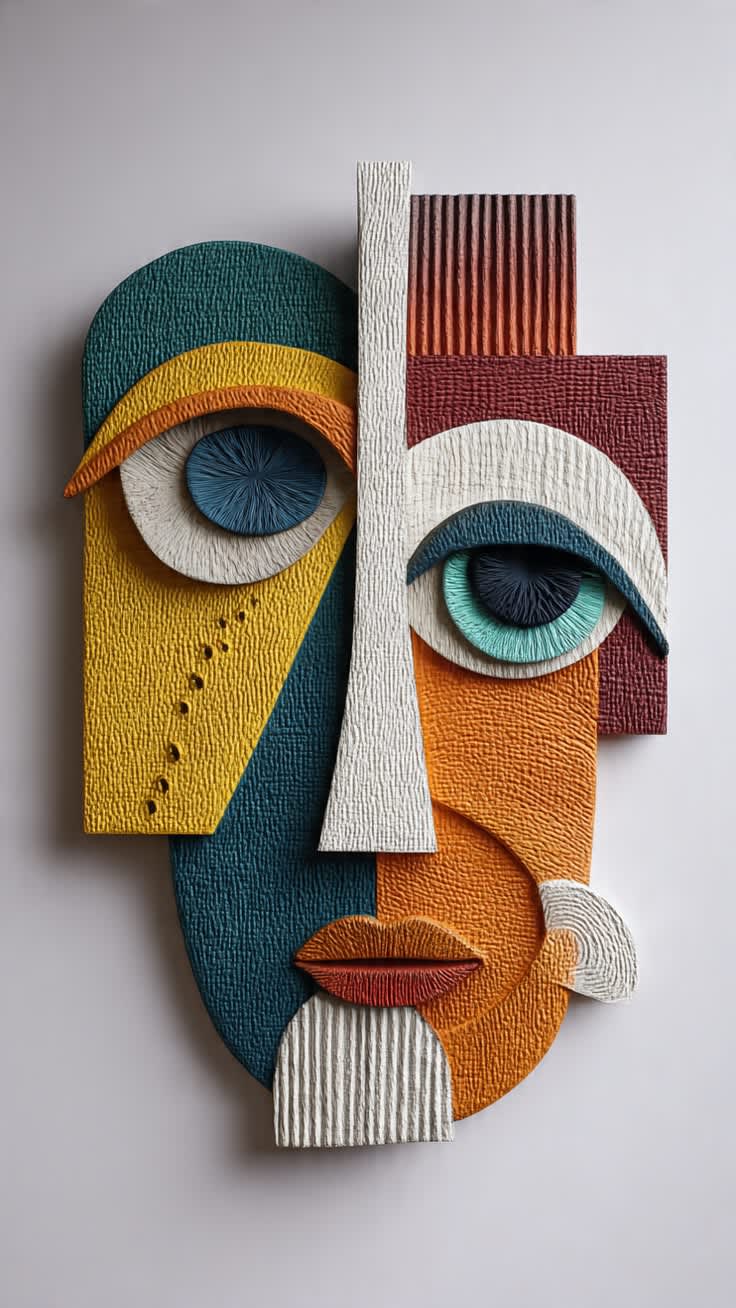 Abstract Geometric Face Wall Sculpture – 3D Multi-Textured Mixed Media Mask – Modern Avant-Garde Wall Art for Luxury Living Room & Office Decor