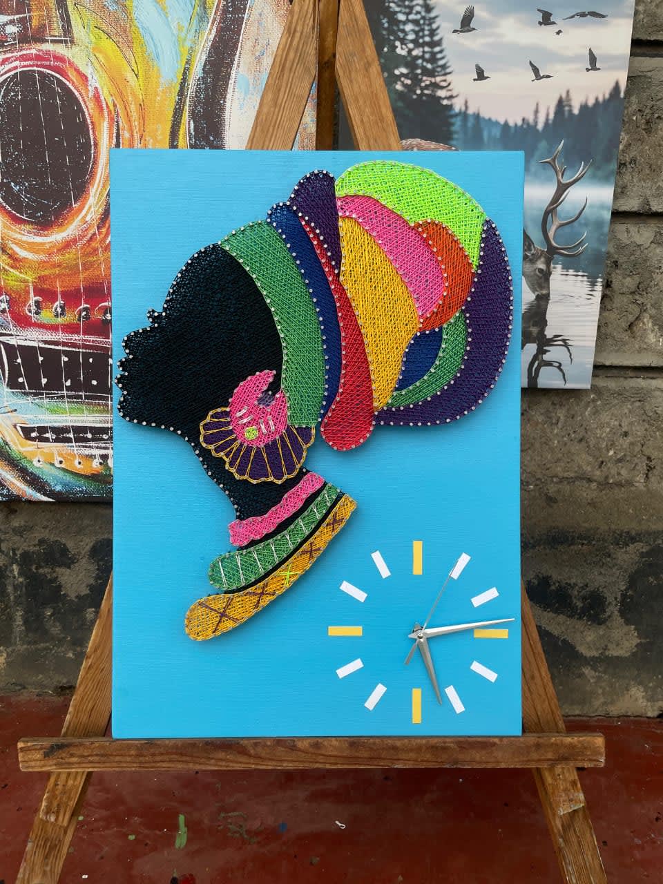 Handmade African Queen String Art Wall Clock – 3D Neon Portrait Mixed Media Decor – Functional Modern Art for Living Room, Office, or Bedroom