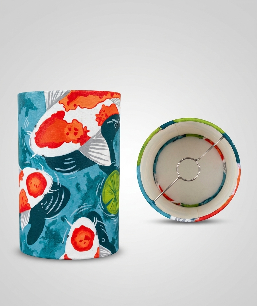Hand-Painted Koi Fish Cylinder Lampshade – Decorative Fabric Lamp Shade for Floor & Table Lamps | Modern Coastal Home Décor