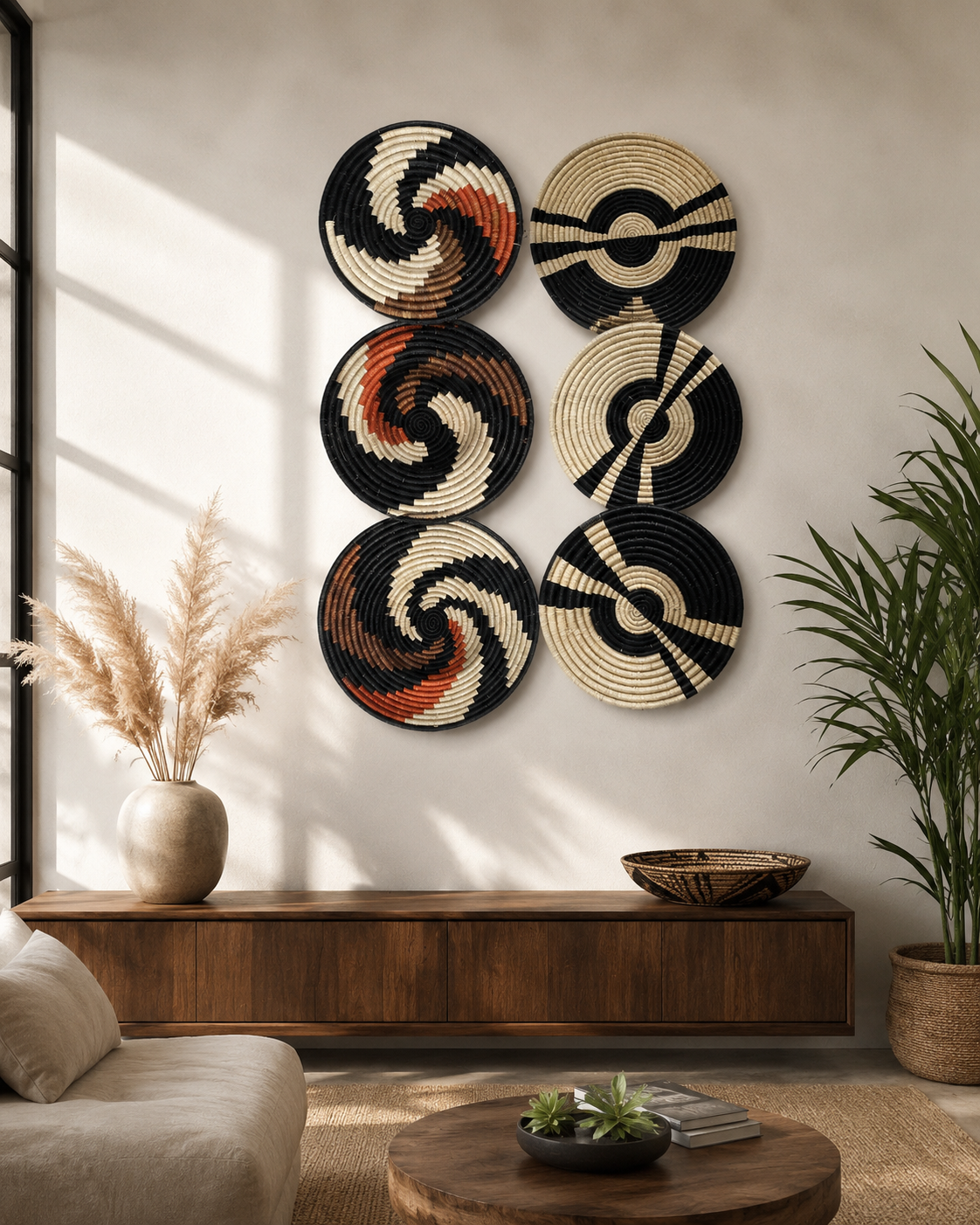 Handwoven African Wall Basket Set – Black, Ivory & Terracotta Spiral Woven Basket Wall Décor (Set of 3)