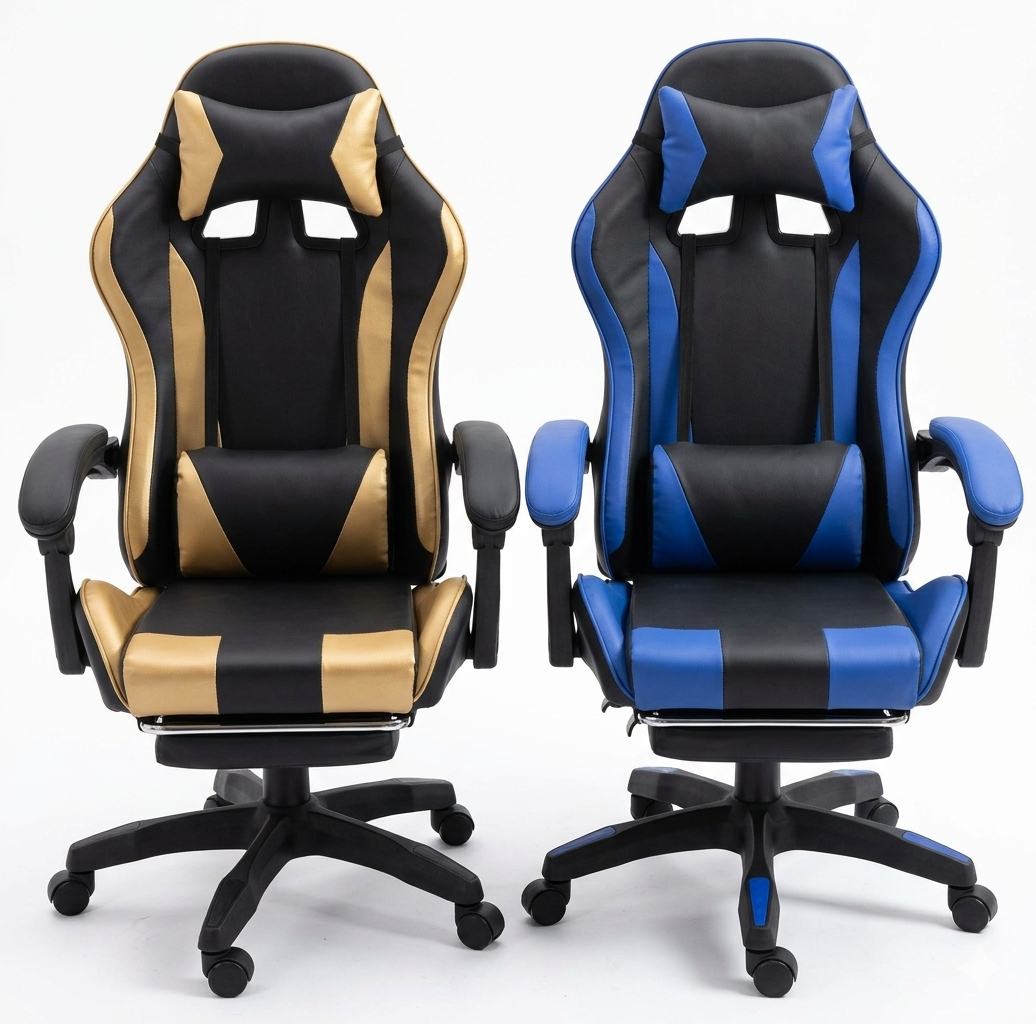 Elite Series Ergonomic Gaming Chair – High-Back Racing Seat with Adjustable Lumbar Support, Retractable Footrest & 4D Comfort Cushions (Gold/Blue Edition)