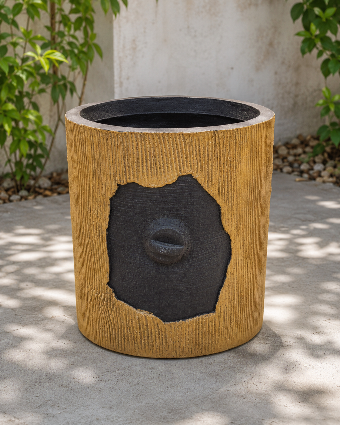 Hand-Painted Concrete Planter – Artisan Textured Round Flower Pot, Large Modern Cement Succulent Vase, Indoor & Outdoor Decorative Garden Pot with Ochre and Slate Finish