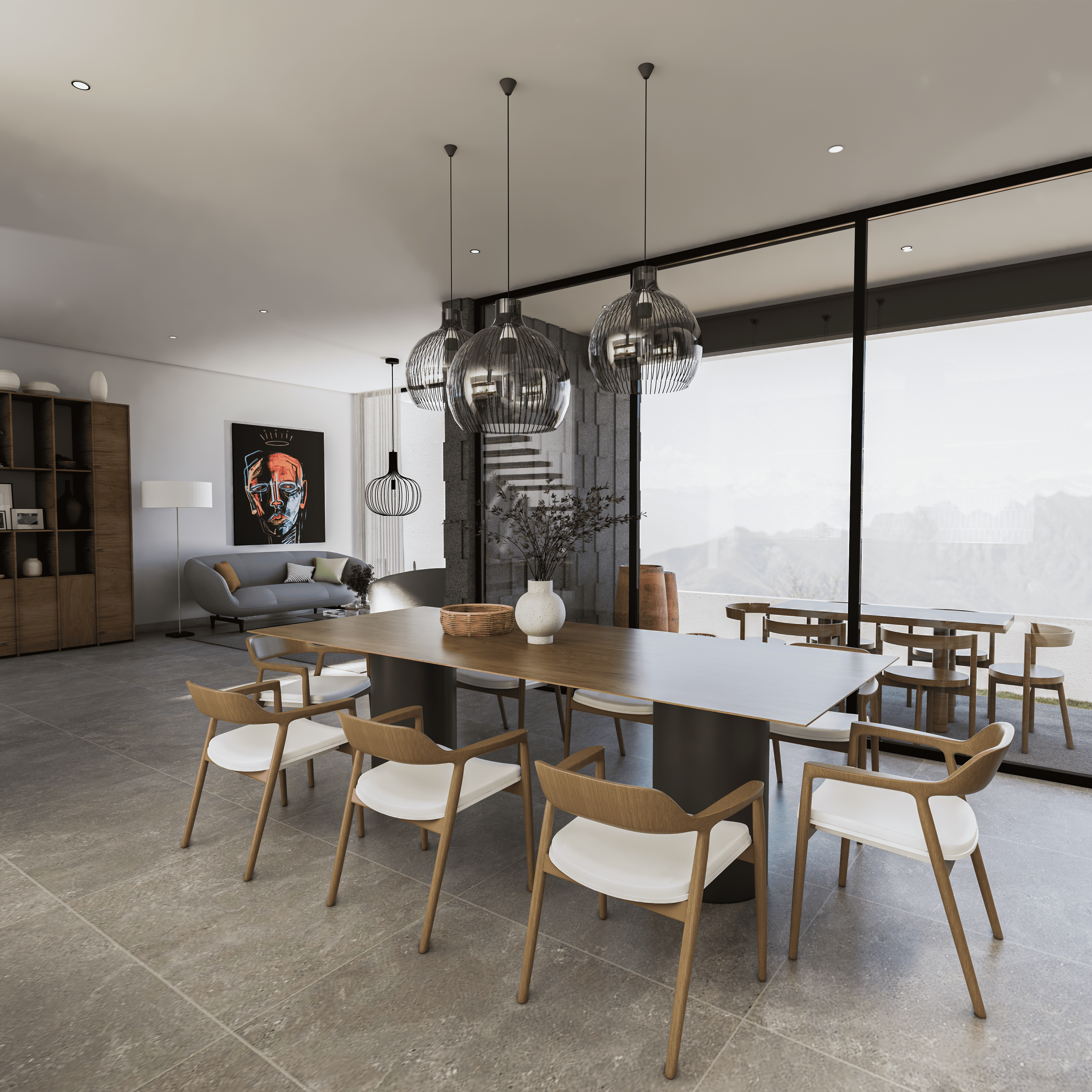 Comedor con vista a terraza en casa moderna