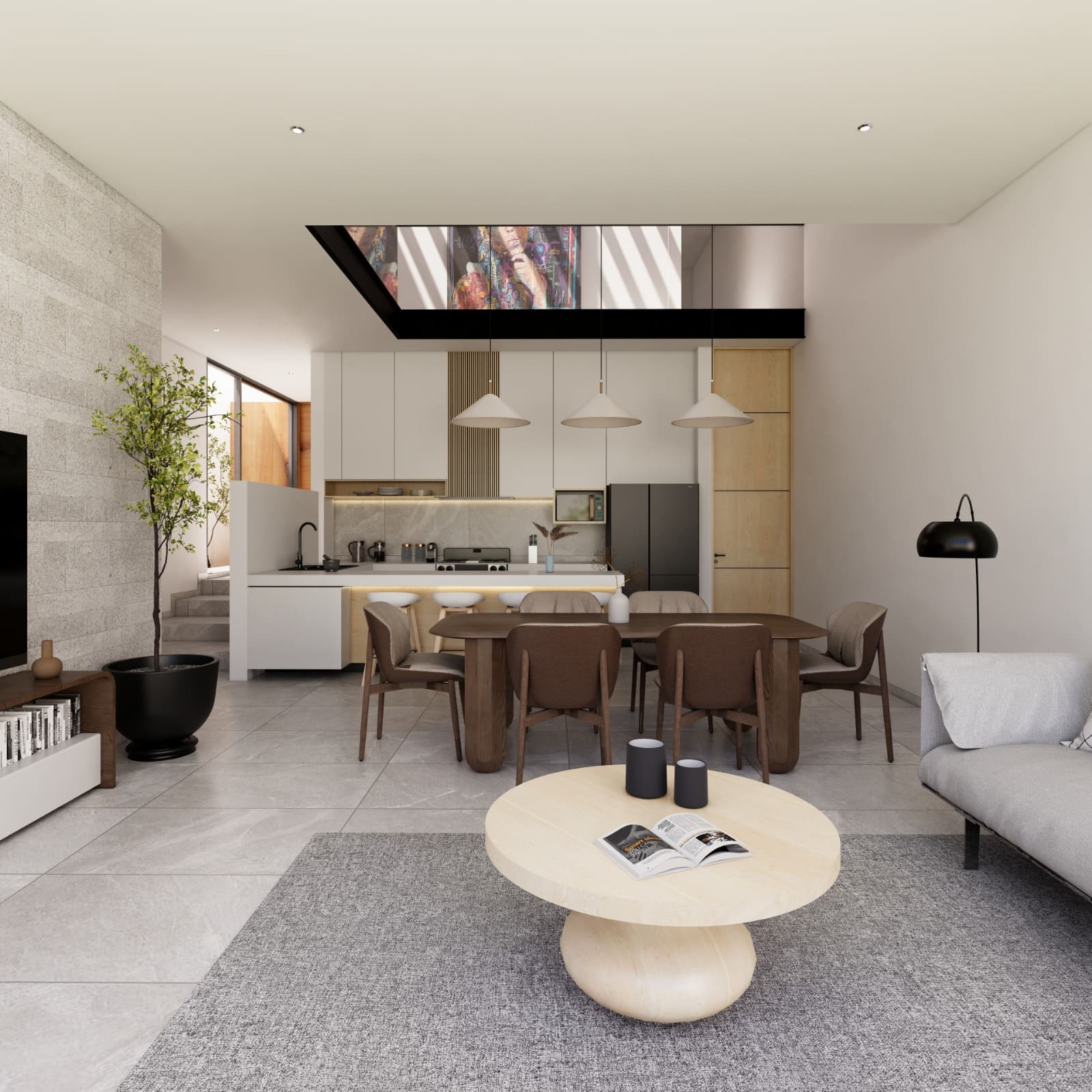 Cocina sala y comerdor en concepto abierto