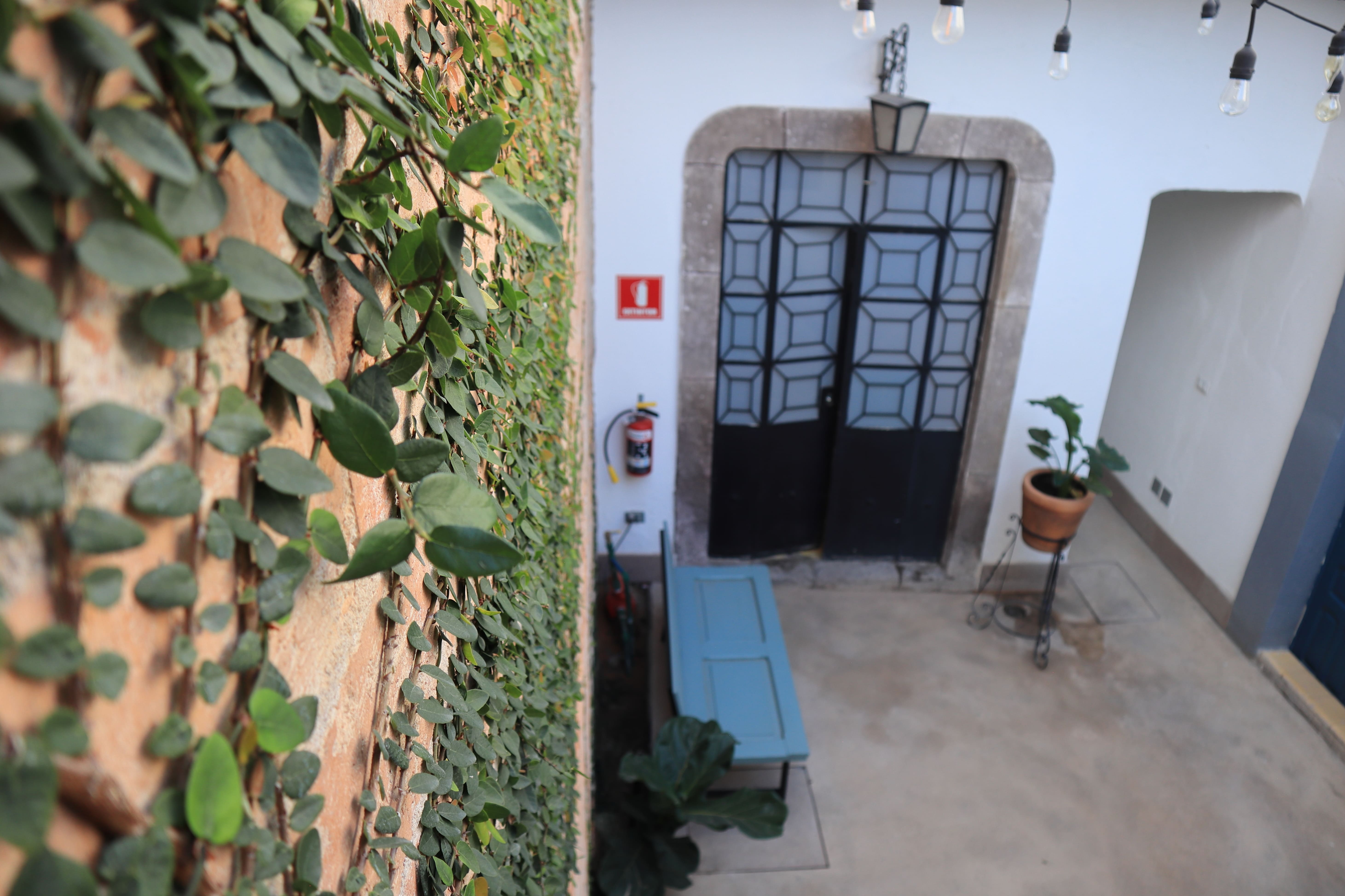 Patio colonial con muro verde