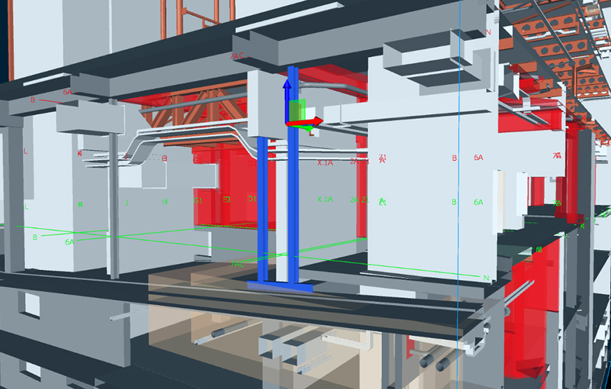On Three Snowhill, Coleman created two temporary props (shown in blue) to support overhead loads, which allowed the permanent wall structure to be built in between On Three Snowhill, Coleman created two temporary props (shown in blue) to support overhead loads, which allowed the permanent wall structure to be built in between
