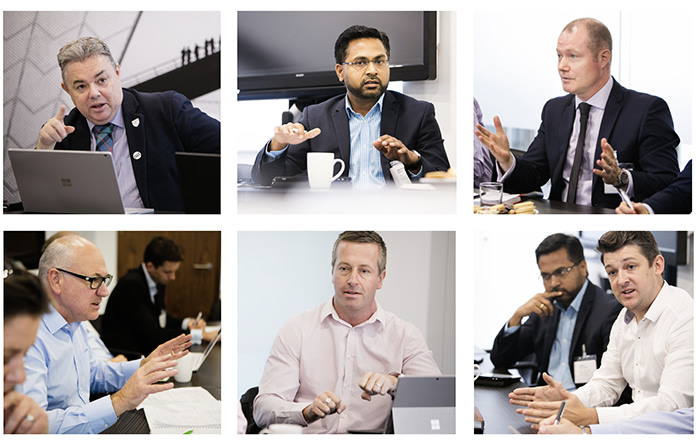 Clockwise from top left: David Philp (CDBB); Senthil Arjunan (Interserve); Garry Fannon (Willmott Dixon); Alex Jones (Murphy) with Senthil Arjunan (Interserve); Andy Boutle (Kier); Terry Stocks (CDBB) Clockwise from top left: David Philp (CDBB); Senthil Arjunan (Interserve); Garry Fannon (Willmott Dixon); Alex Jones (Murphy) with Senthil Arjunan (Interserve); Andy Boutle (Kier); Terry Stocks (CDBB)