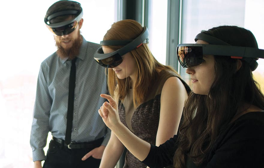 Using MicroSoft HoloLens mixed-reality headsets, Aecom team members can explore holograms of 3D models Using MicroSoft HoloLens mixed-reality headsets, Aecom team members can explore holograms of 3D models