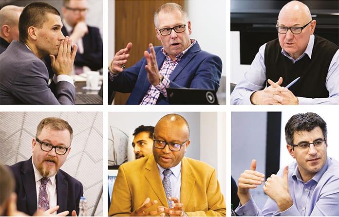 Clockwise from top left: Paul Surin (Wienerberger); John Bedford (Ark Consultancy); Terry Stocks (CDBB); Jaimie Johnston (Bryden Wood); Tim Thomas (BASF); Jeff House (Baxi) Clockwise from top left: Paul Surin (Wienerberger); John Bedford (Ark Consultancy); Terry Stocks (CDBB); Jaimie Johnston (Bryden Wood); Tim Thomas (BASF); Jeff House (Baxi)