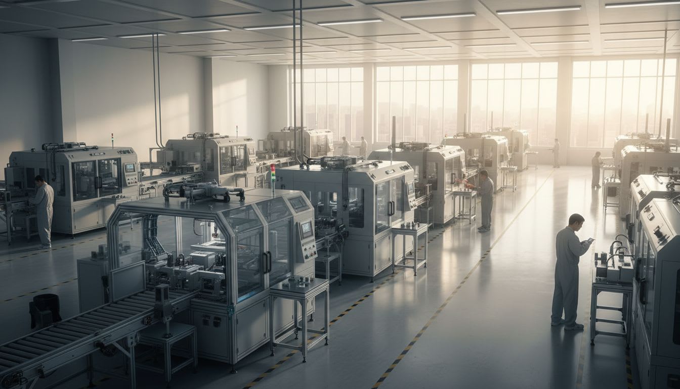 복잡하게 얽힌 첨단 제조 설비 라인의 모습
