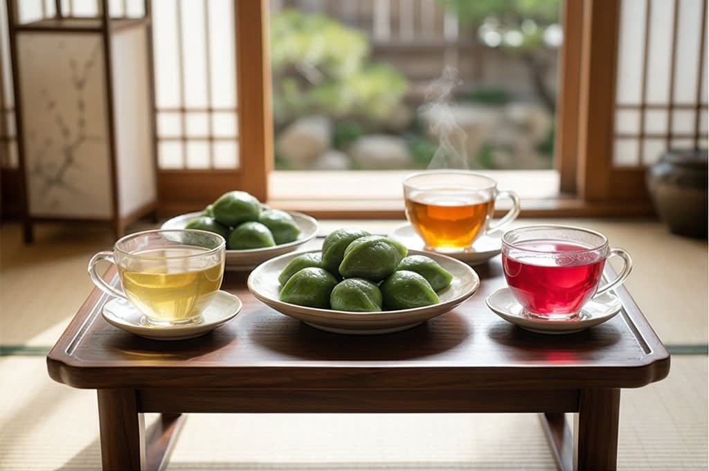 정갈한 한옥 소반의 송편과 차