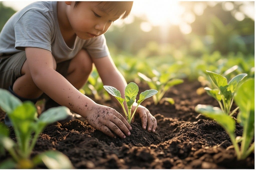 새싹을 심는 아이의 손