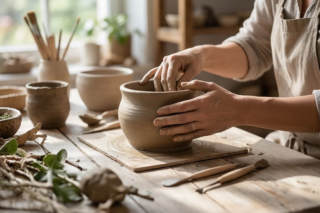 햇살 비치는 공방에서 토분 빚는 수작업