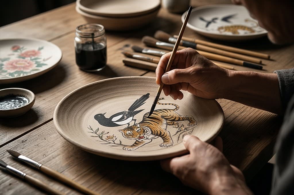 호랑이 줄무늬를 그리는 작업자의 손