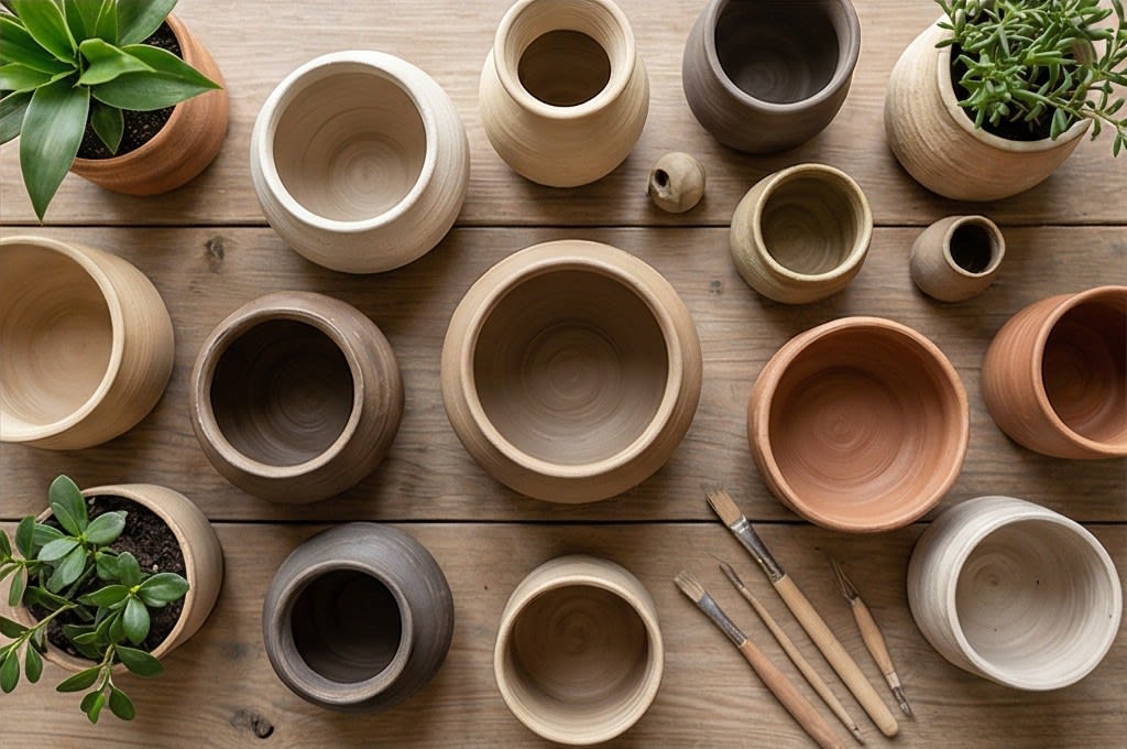 다양한 토분과 도구가 있는 아틀리에