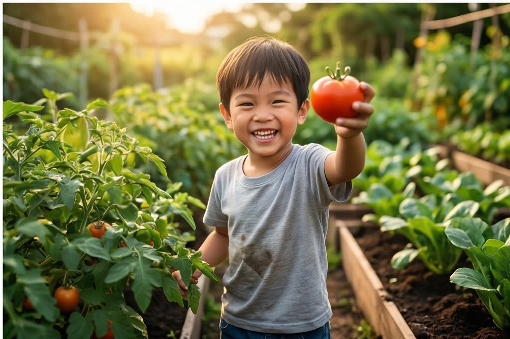 탐스러운 토마토와 어린이