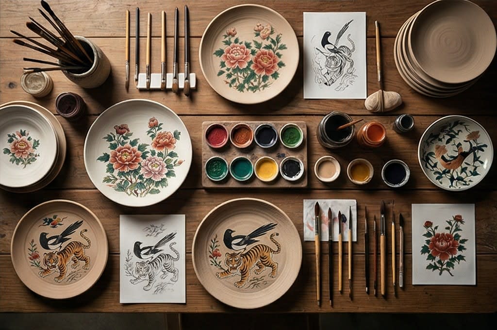 민화 접시 제작 도구와 완성품 플랫레이