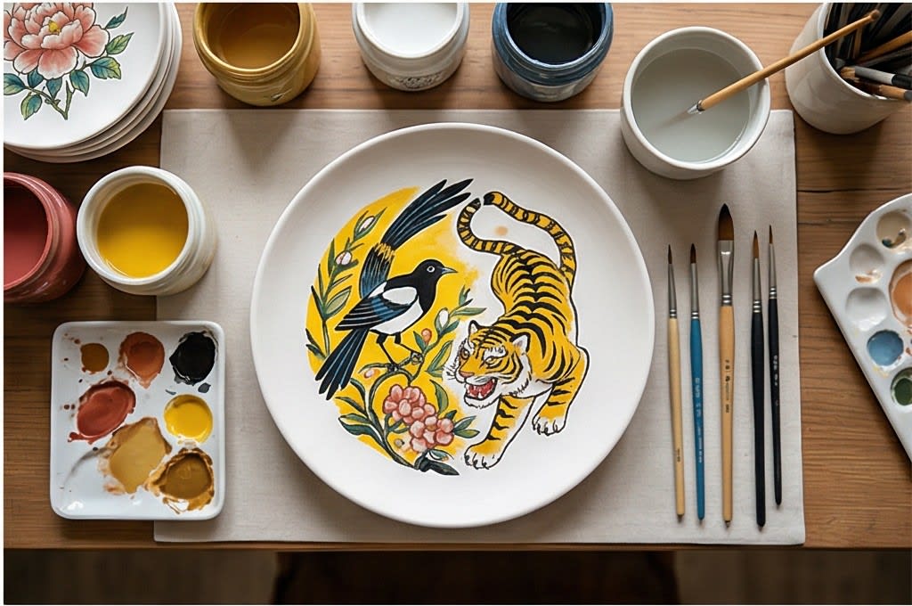 까치와 호랑이 민화 접시
