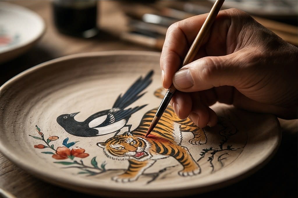 민화 도안에 색을 입히는 정교한 붓터치