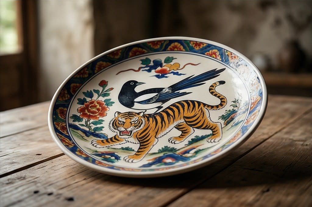 현대적으로 재해석된 까치 호랑이 접시