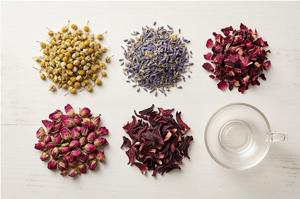 다양한 꽃차 원물과 맑은 찻잔