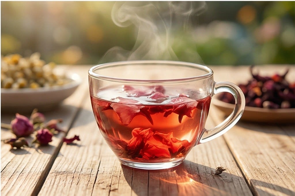 따뜻한 붉은 꽃차 한 잔의 휴식