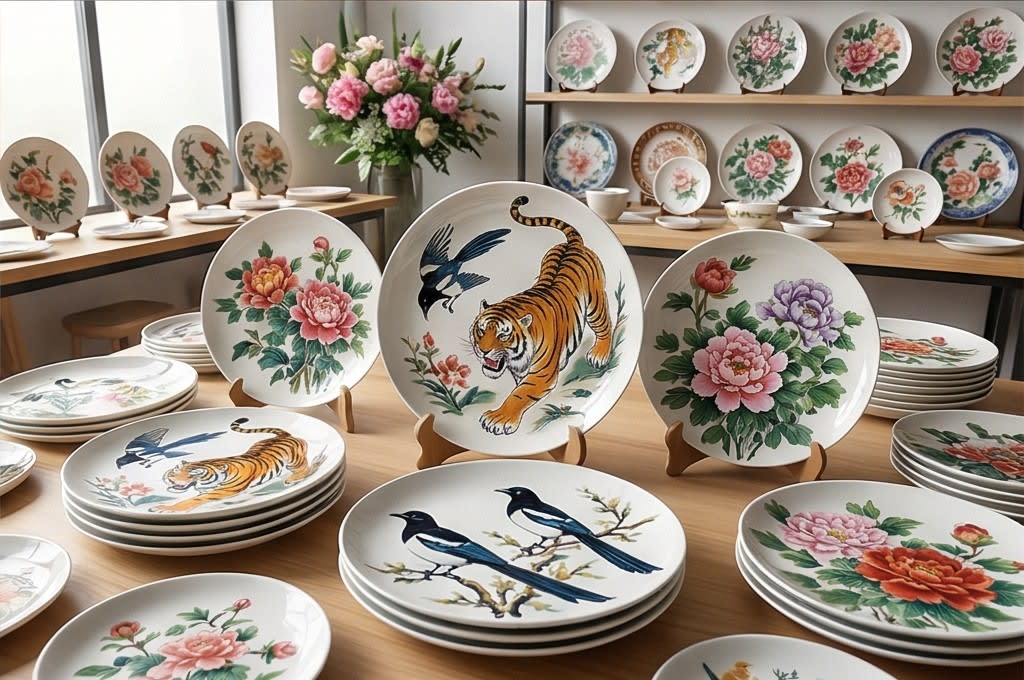 완성된 민화 접시 전시