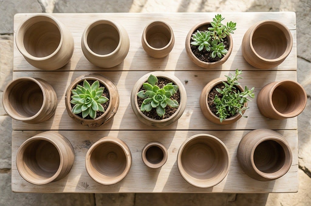 선반 위 수제 토분과 다육 식물