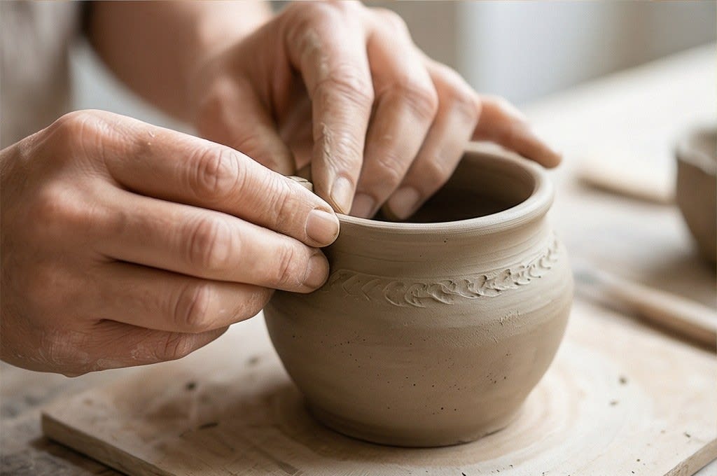 토분 표면에 섬세한 문양을 새기는 작업