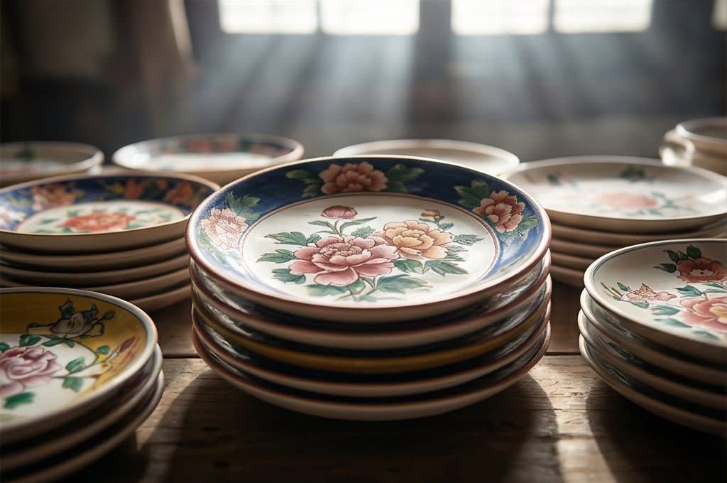 햇살 아래 가지런히 놓인 완성 접시들