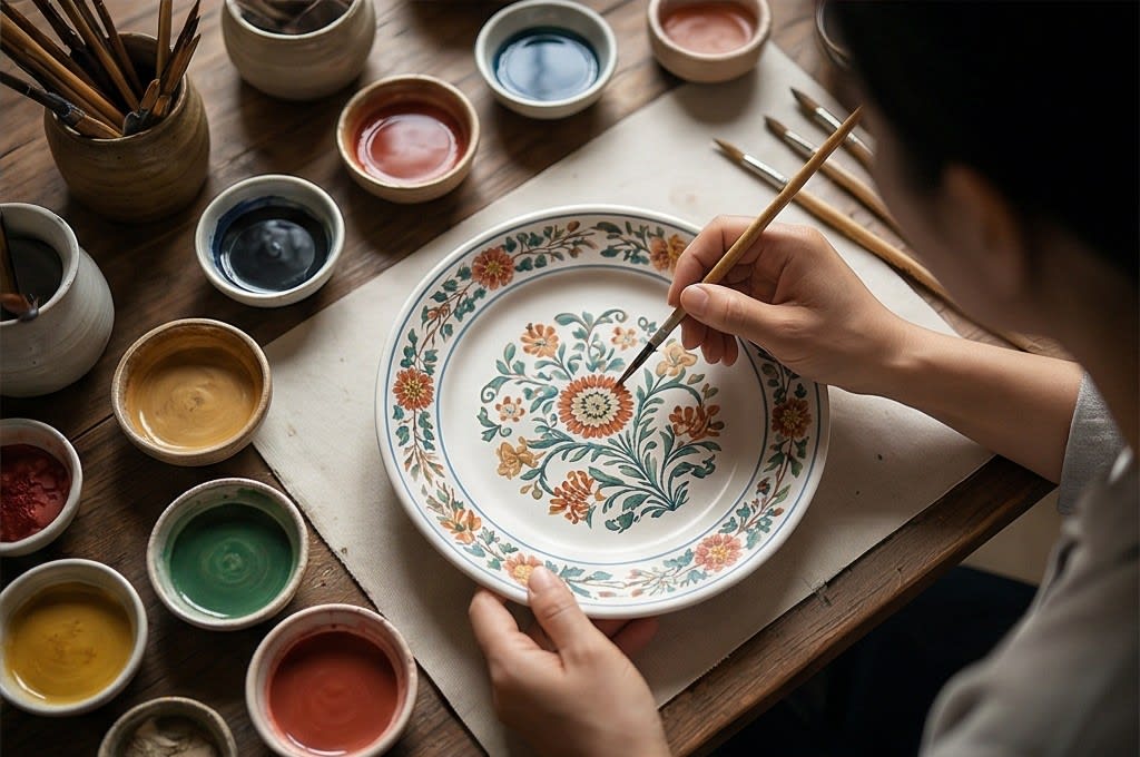 천연 안료로 꽃 문양을 그리는 과정