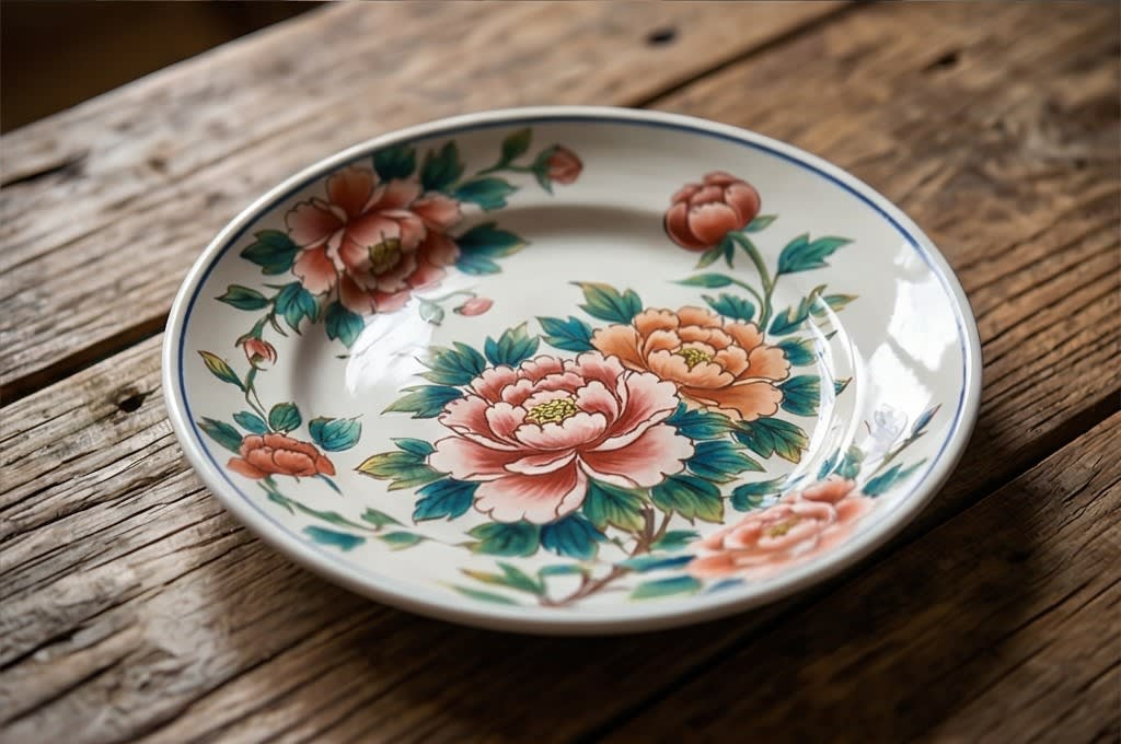 생생한 목단꽃이 그려진 백자 접시