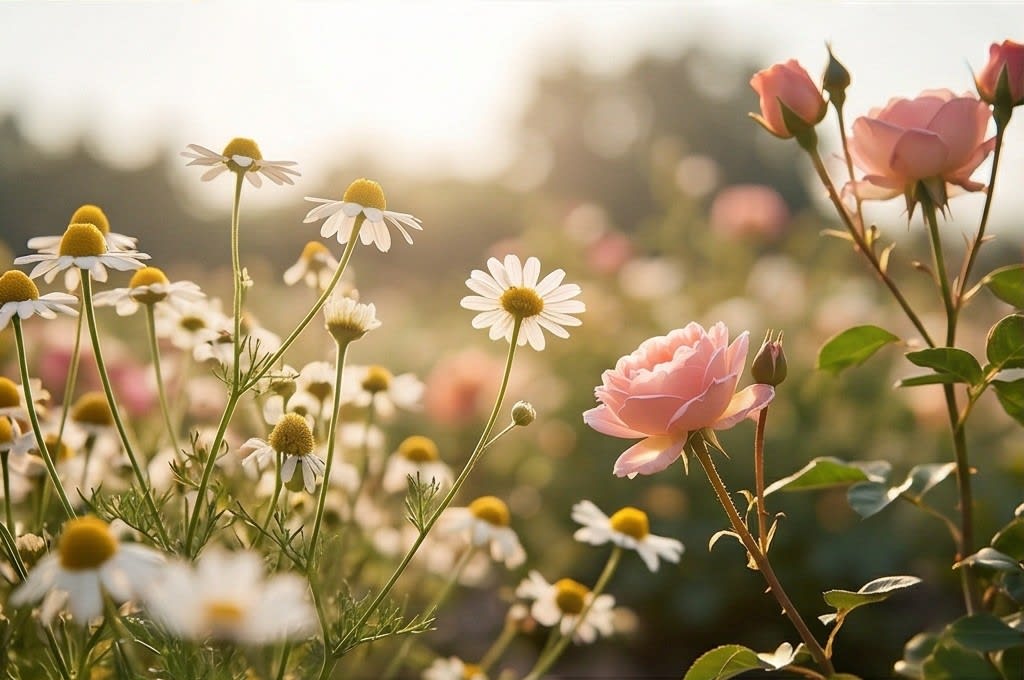 햇살 아래 피어난 캐모마일과 장미