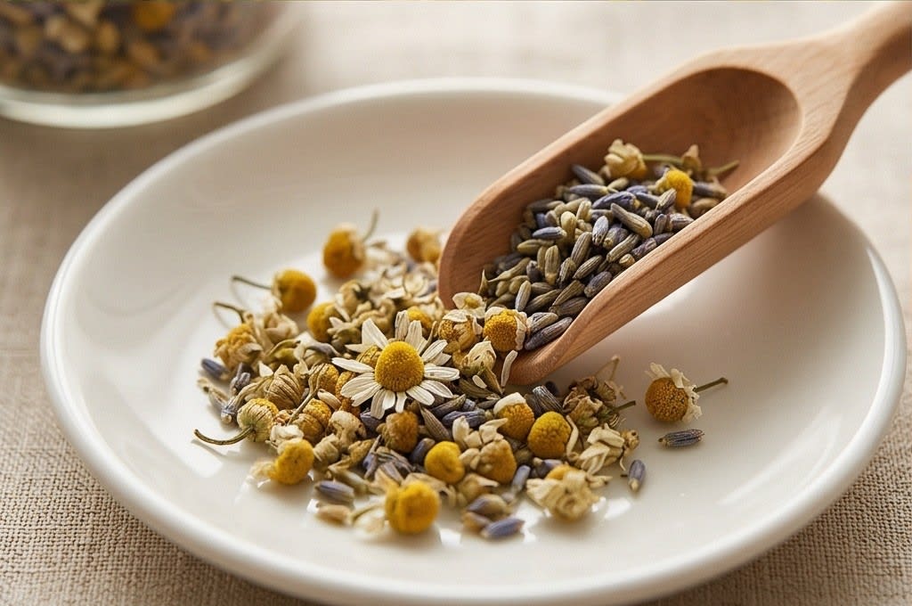 건조된 캐모마일과 라벤더 원물