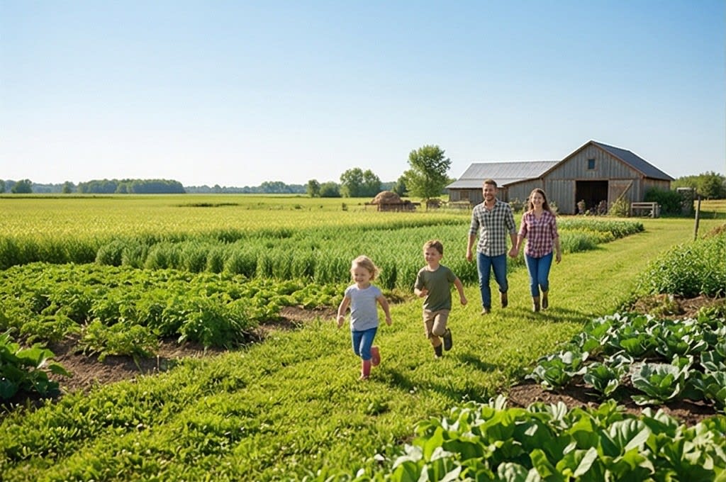 가족이 자연 속 농장을 거니는 모습